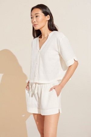 Eberjey Crinkle Woven Short Sleeve Top & Short Set Pijama Kadın Beyaz | MWC9360AG