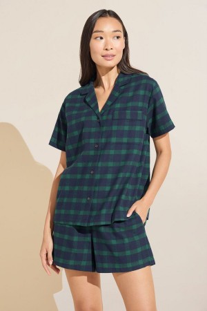 Eberjey Flannel Short PJ Set Pijama Kadın Lacivert Yeşil | SIR6370ZT