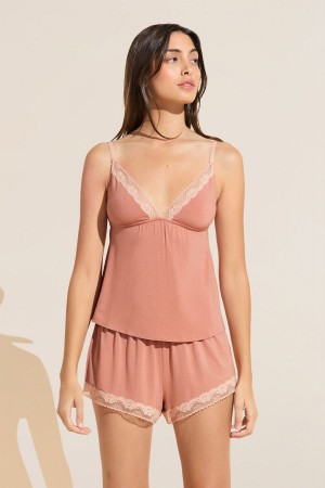 Eberjey Flora TENCEL™ Modal Cami & Short PJ Set Pijama Kadın Pembe Koyu Kırmızı Pembe | DQM9741TZ