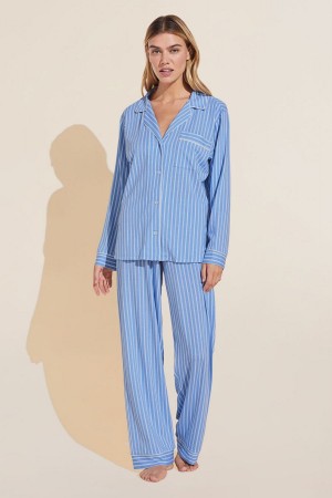 Eberjey Gisele Printed TENCEL™ Modal Long PJ Set Pijama Kadın Mavi Beyaz | FVS2062SO