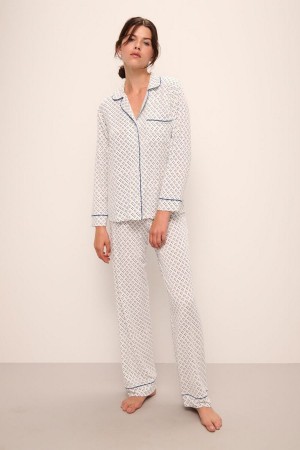 Eberjey Gisele Printed TENCEL™ Modal Long PJ Set Pijama Kadın Beyaz Mavi | IKN7184WJ