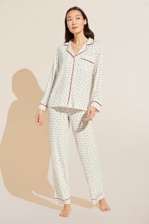 Eberjey Gisele Printed TENCEL Modal Long PJ Set Pijama Kadın Beyaz Kırmızı | RBE3161KE