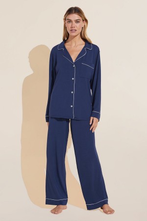 Eberjey Gisele TENCEL™ Modal Long PJ Set Pijama Kadın Lacivert Beyaz | AYW3382BI