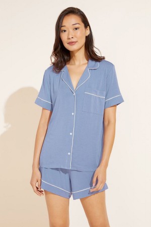 Eberjey Gisele TENCEL™ Modal Relaxed Short PJ Set Pijama Kadın Mavi Beyaz | FBM3487DJ