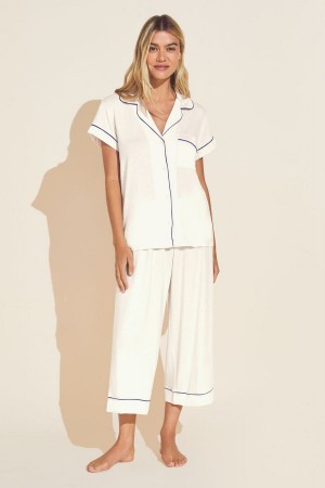 Eberjey Gisele TENCEL™ Modal Short Sleeve Cropped PJ Set Pijama Kadın Beyaz Lacivert | KNH6447PF