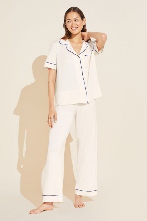 Eberjey Gisele TENCEL™ Modal Short Sleeve & Pant PJ Set Pijama Kadın Beyaz Lacivert | NOB3689IY