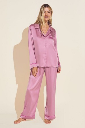 Eberjey Inez Washable Silk Long PJ Set Pijama Kadın Pembe Pembe | HZC1982CW