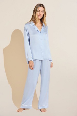 Eberjey Inez Washable Silk Long PJ Set Pijama Kadın Mavi | EMJ4242AD