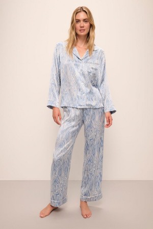 Eberjey Inez Washable Silk Printed Long PJ Set Pijama Kadın Mavi Beyaz | JQM5240OM