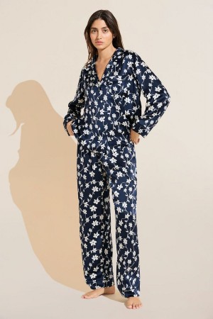 Eberjey Inez Washable Silk Printed Long PJ Set Pijama Kadın Lacivert Beyaz | HOX8866ER