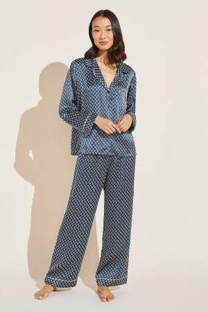 Eberjey Inez Washable Silk Printed Long PJ Set Pijama Kadın Indigo Mavi Bej Rengi | PSV2574EJ