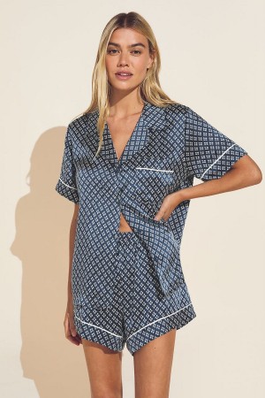 Eberjey Inez Washable Silk Printed Short PJ Set Pijama Kadın Indigo Mavi Bej Rengi | GVY6034ZS