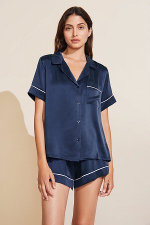 Eberjey Inez Washable Silk Short PJ Set Pijama Kadın Lacivert | MZJ1033VK