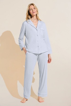 Eberjey Organic Pima Cotton Notch Collar Top & Pant PJ Set Pijama Kadın Mavi | MOS4951IT