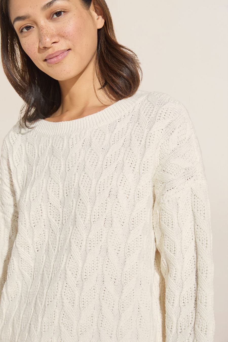 Eberjey Cable Knit Recycled Sweater Crewneck Hırka Kadın Beyaz | ZCN7214JJ