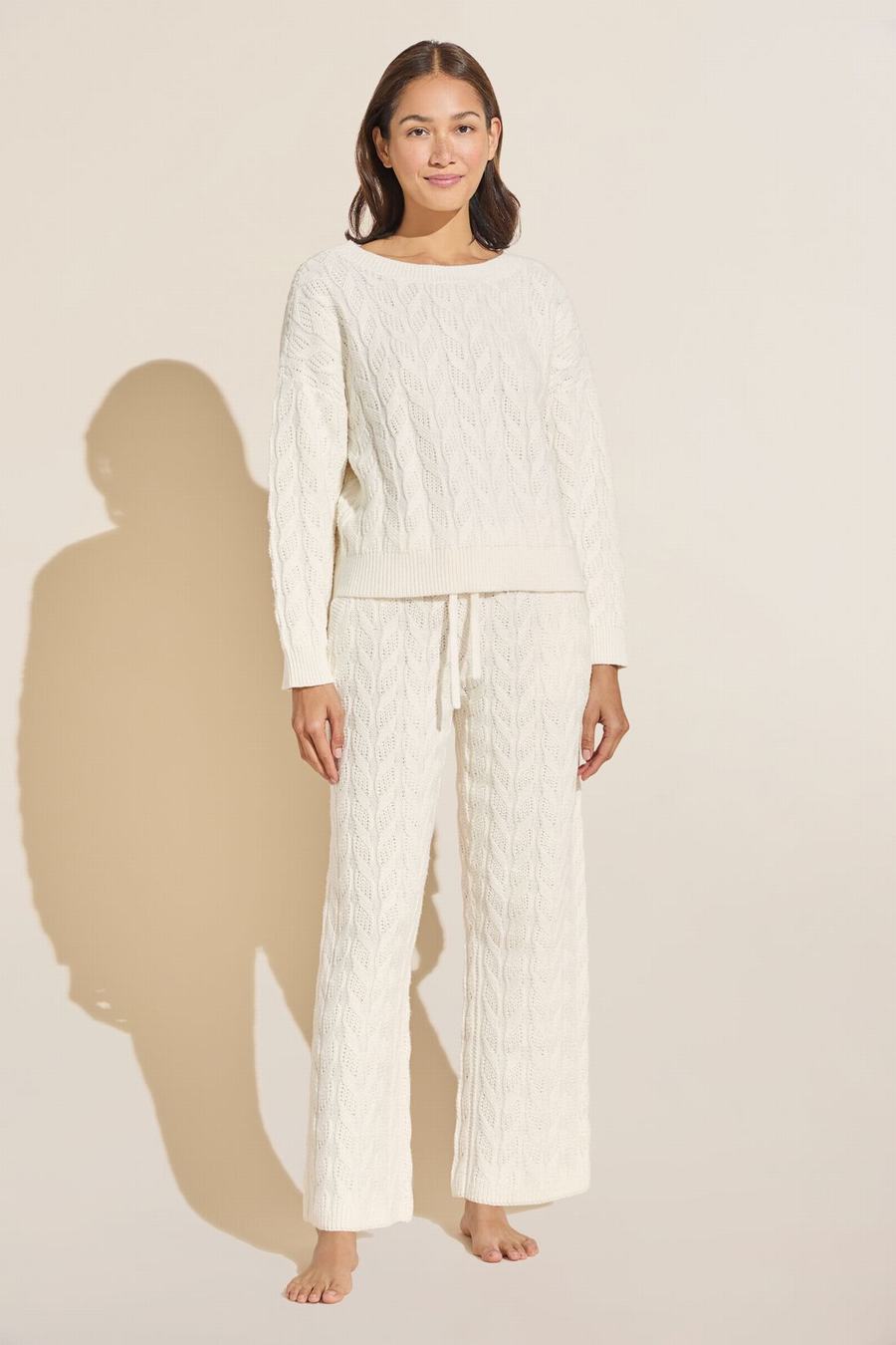 Eberjey Cable Knit Recycled Sweater Straight Leg Pantolon Kadın Beyaz | JTF5226AW