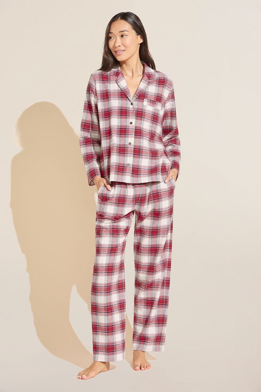 Eberjey Flannel Long PJ Set Pijama Kadın Kırmızı Beyaz | SNF1729AH