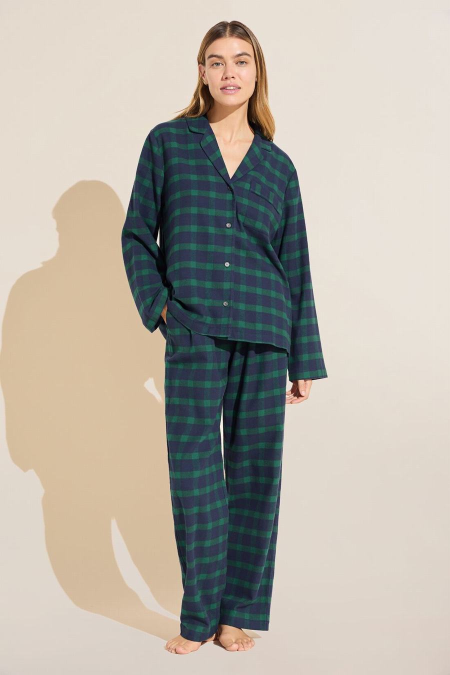 Eberjey Flannel Long PJ Set Pijama Kadın Lacivert Yeşil | TZP3785UE