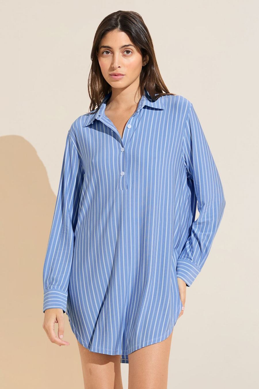 Eberjey Gisele Printed TENCEL™ Modal Boyfriend Sleepshirt Pijama Kadın Mavi Beyaz | ZVO4383MY