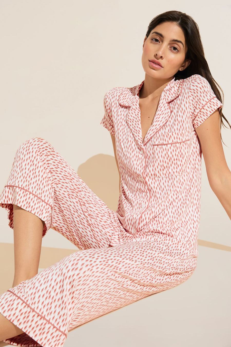 Eberjey Gisele Printed TENCEL™ Modal Short Sleeve Cropped PJ Set Pijama Kadın Koyu Kırmızı Pembe Beyaz | OQB3287HU