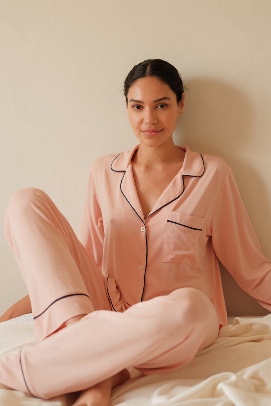 Eberjey Gisele TENCEL™ Modal Long PJ Set Pijama Kadın Pembe Lacivert | NGP8493JD