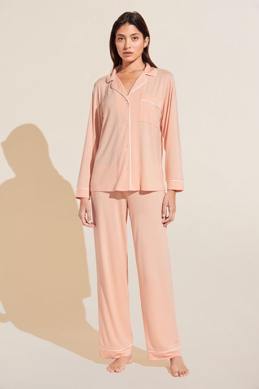 Eberjey Gisele TENCEL Modal Long PJ Set Pijama Kadın Mercan Beyaz | BWS1397PV