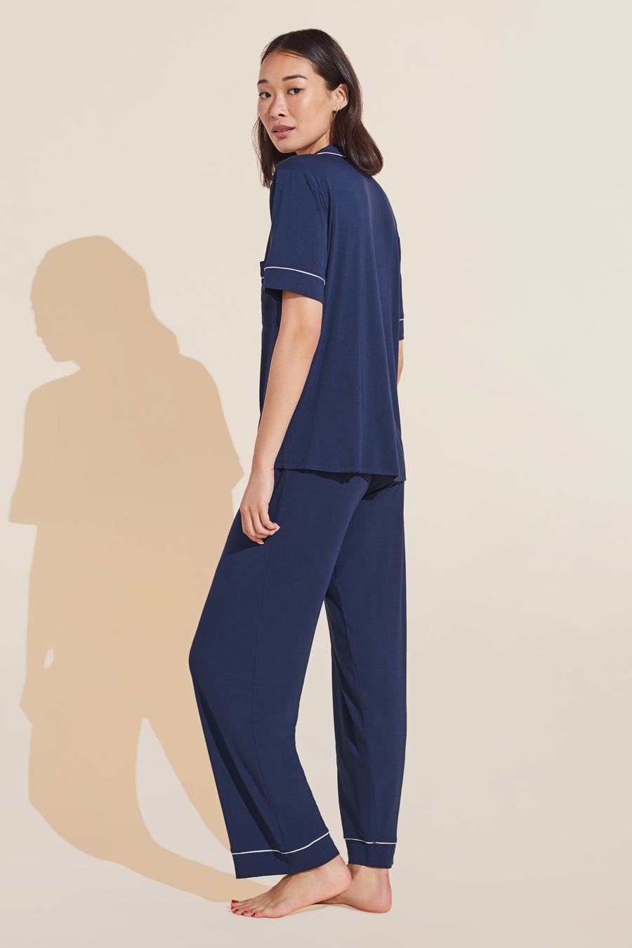 Eberjey Gisele TENCEL™ Modal Short Sleeve & Pant PJ Set Pijama Kadın Lacivert Beyaz | DCS4852XT