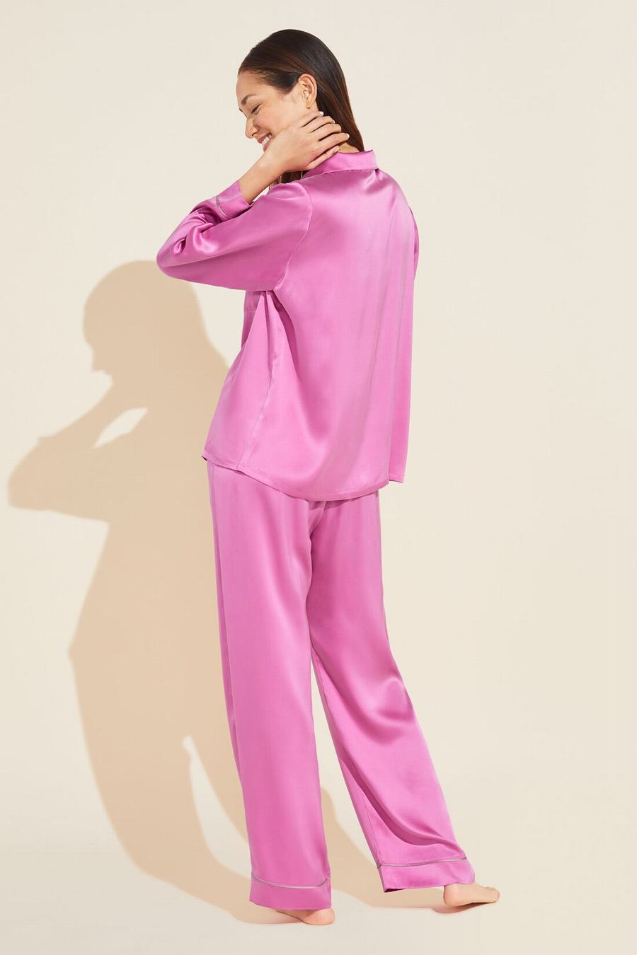 Eberjey Inez Washable Silk Long PJ Set Pijama Kadın Pembe Pembe | UMA7234AD