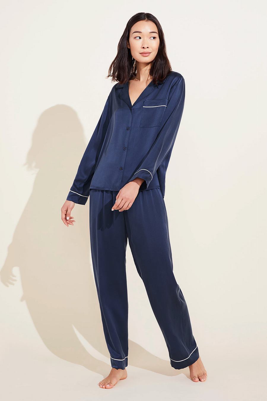 Eberjey Inez Washable Silk Long PJ Set Pijama Kadın Lacivert | EOH2995CH