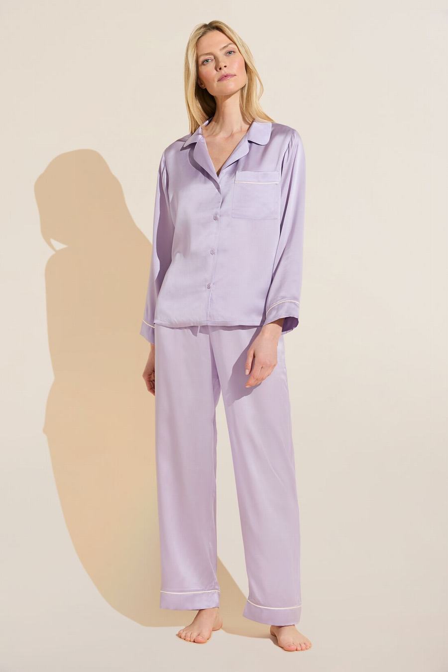 Eberjey Inez Washable Silk Long PJ Set Pijama Kadın Mor Beyaz | ARR8654IU