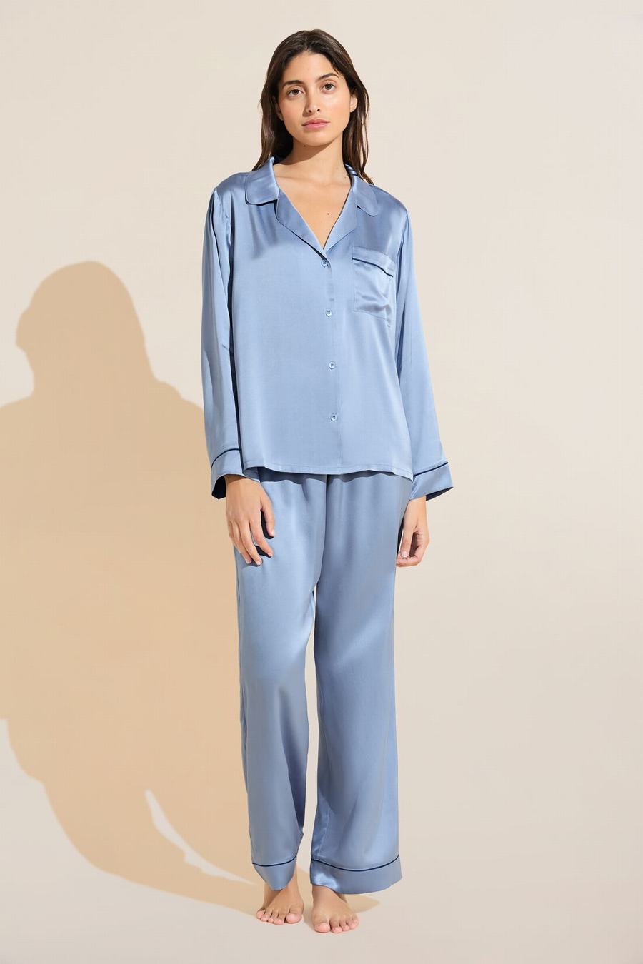 Eberjey Inez Washable Silk Long PJ Set Pijama Kadın Mavi Lacivert | CLP355LX