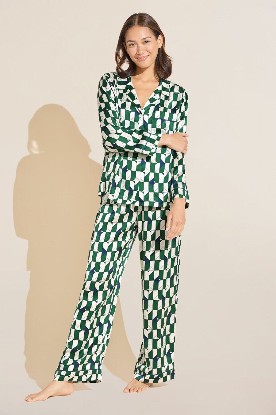 Eberjey Inez Washable Silk Printed Long PJ Set Pijama Kadın Yeşil Lacivert Beyaz | TPP6398ZQ