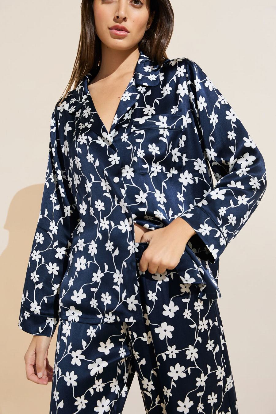 Eberjey Inez Washable Silk Printed Long PJ Set Pijama Kadın Lacivert Beyaz | HOX8866ER