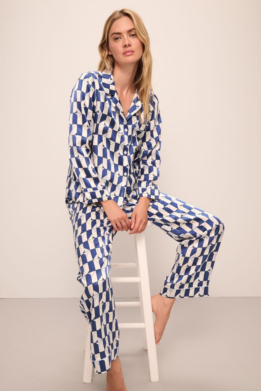 Eberjey Inez Washable Silk Printed Long PJ Set Pijama Kadın Mavi Beyaz | DMT2570DZ