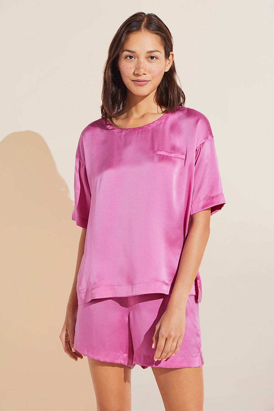 Eberjey Inez Washable Silk Short Sleeve Tee & Boxer PJ Set Pijama Kadın Pembe Kırmızı | XPM7024NR