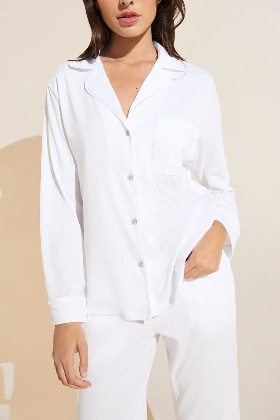 Eberjey Organic Pima Cotton Notch Collar Top & Pant PJ Set Pijama Kadın Beyaz | SWA4672OR